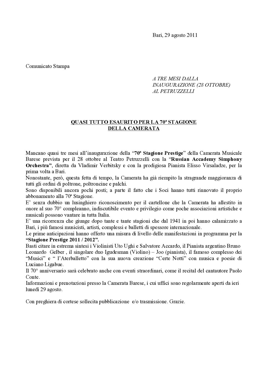 QUASI TUTTO ESAURITO PER LA 70ª STAGIONE DELLA CAMERATA