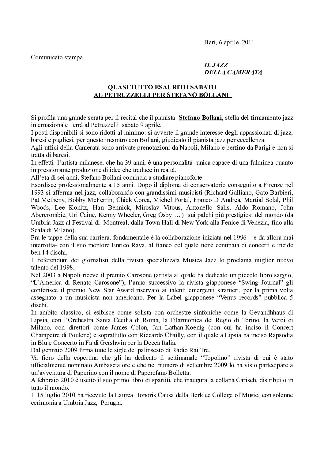 QUASI TUTTO ESAURITO SABATO AL PETRUZZELLI PER STEFANO BOLLANI