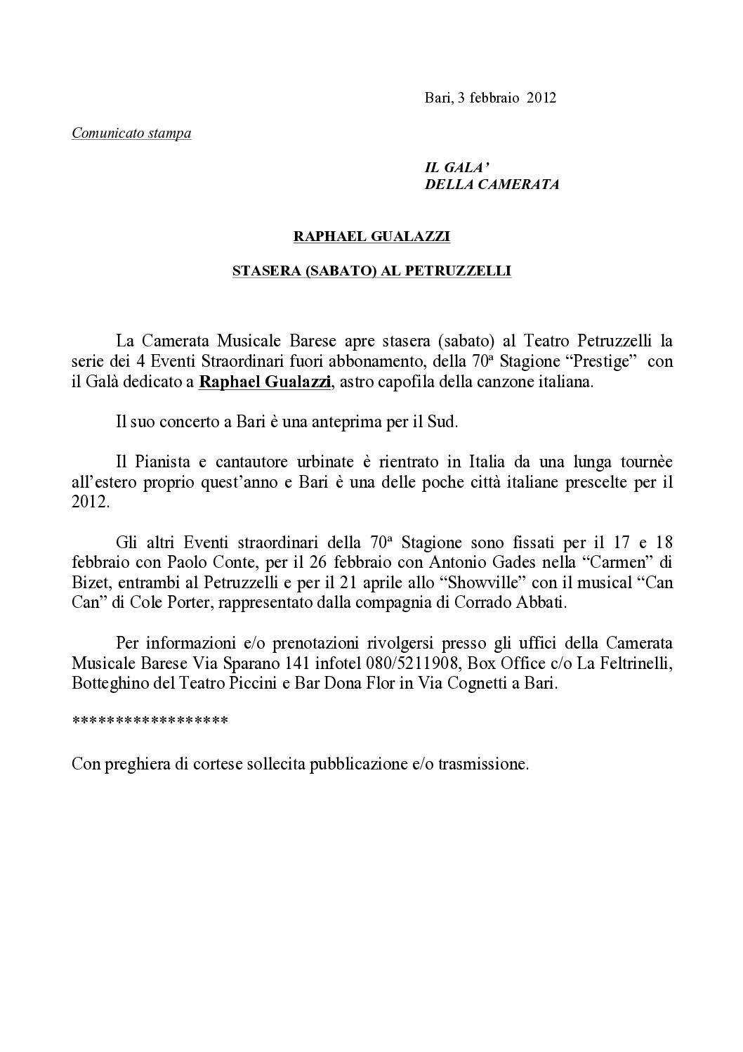 RAPHAEL GUALAZZI STASERA (SABATO) AL PETRUZZELLI