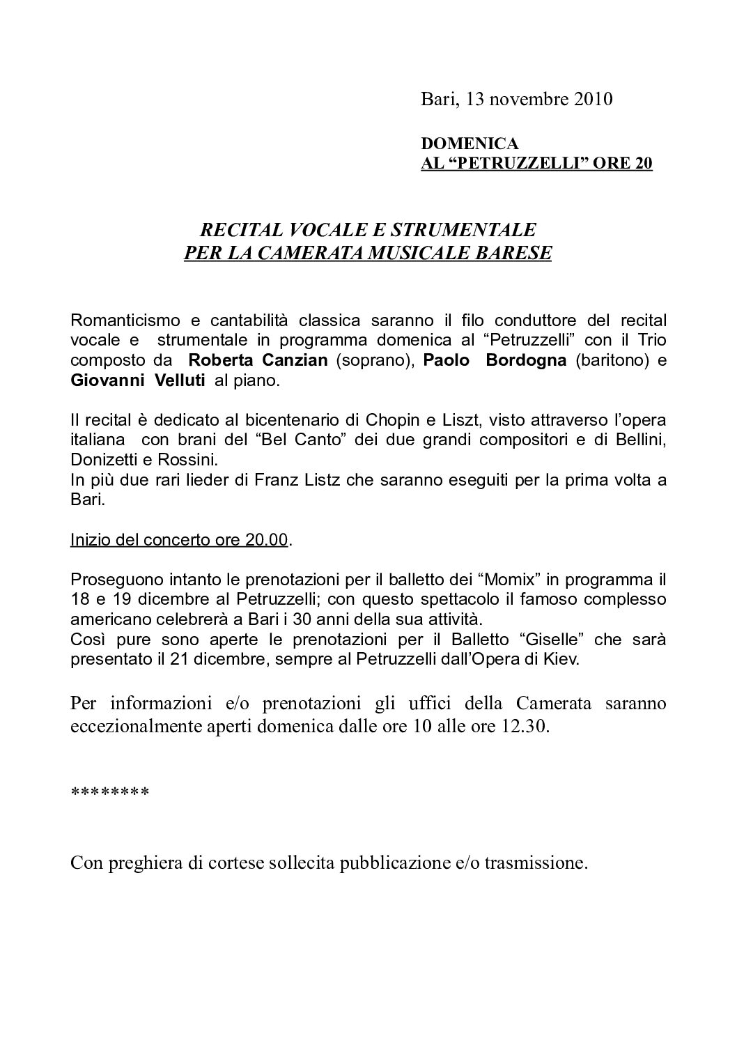 RECITAL VOCALE E STRUMENTALE PER LA CAMERATA MUSICALE BARESE