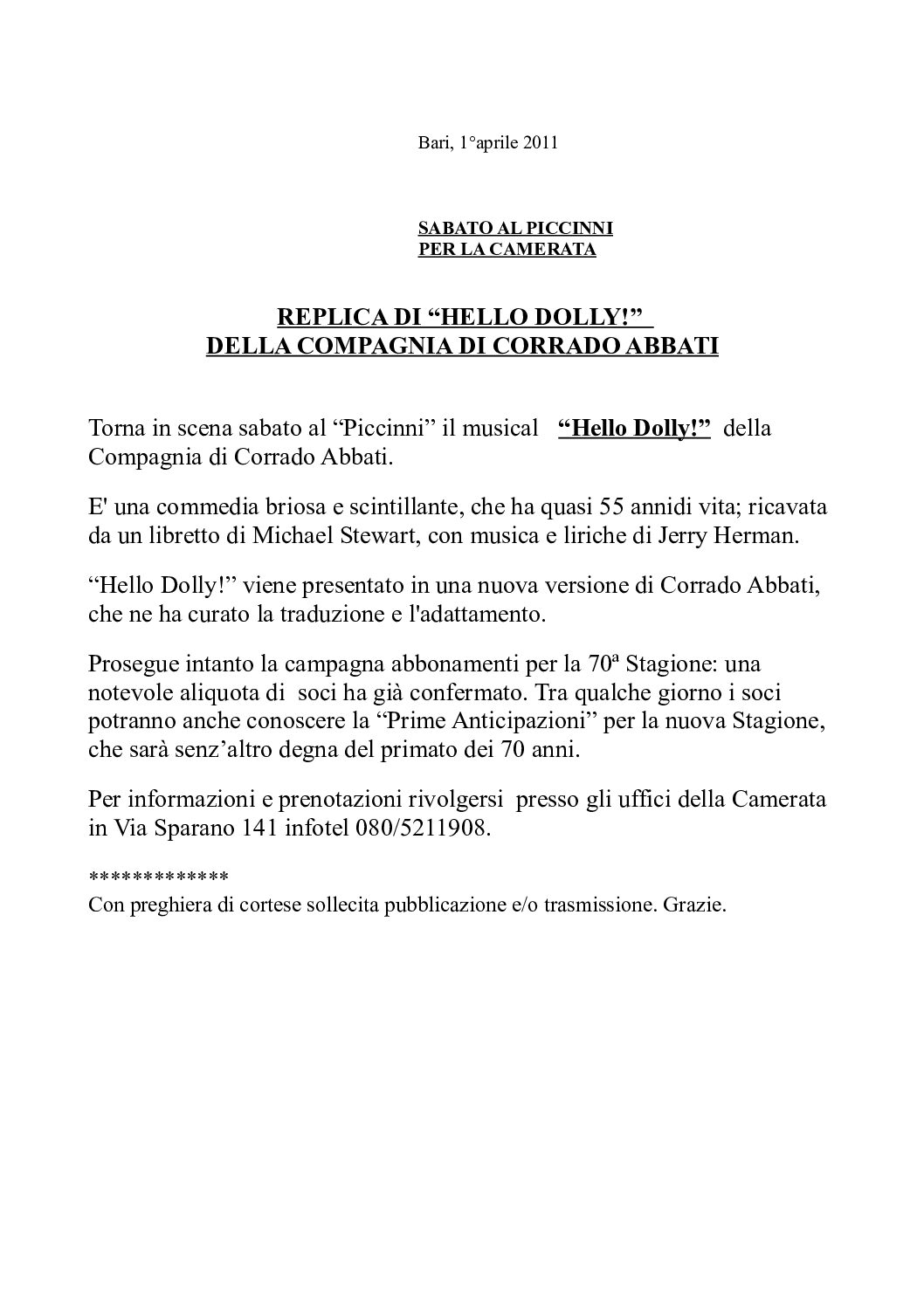 REPLICA DI “HELLO DOLLY!” DELLA COMPAGNIA DI CORRADO ABBATI
