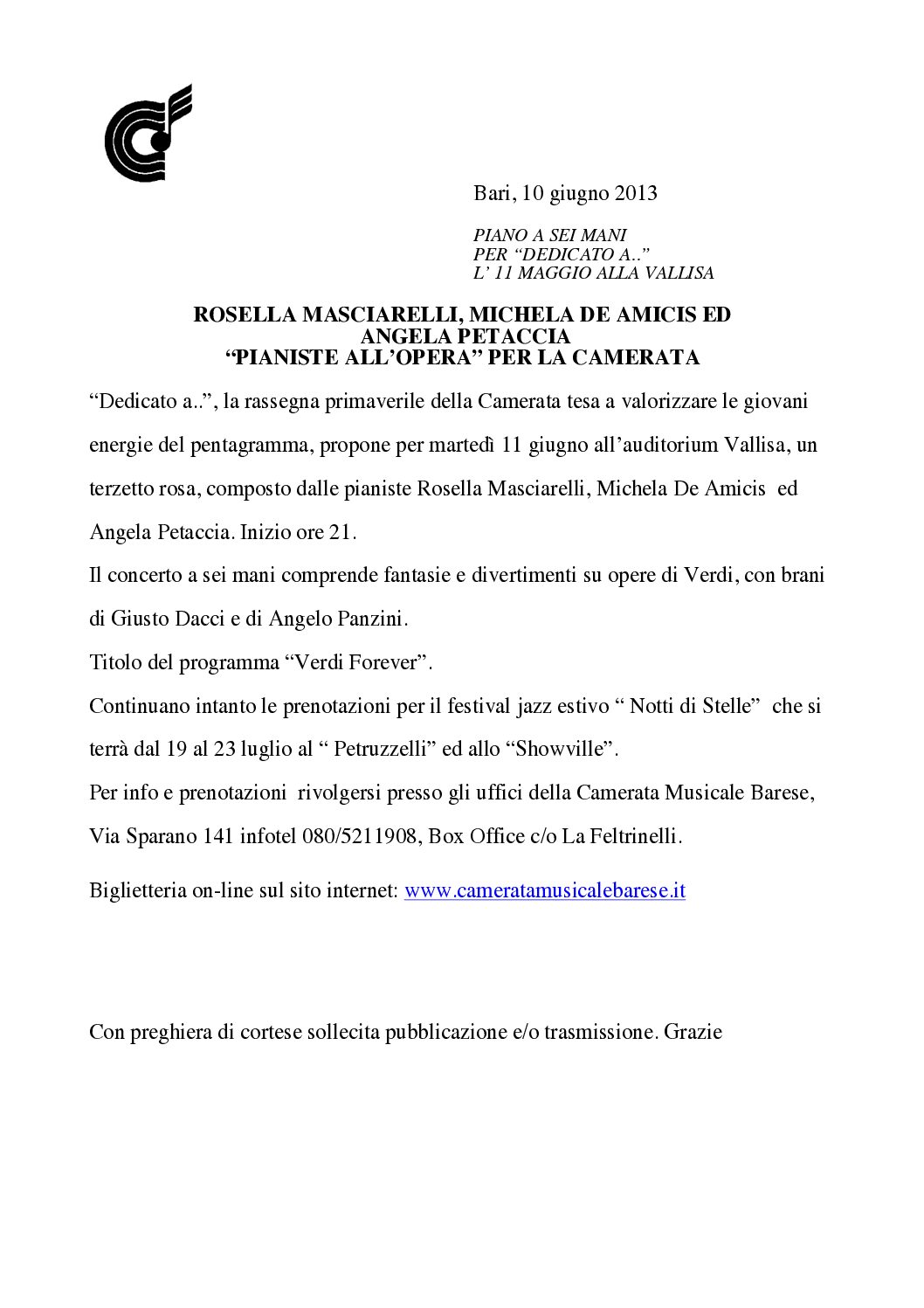 ROSELLA MASCIARELLI, MICHELA DE AMICIS ED ANGELA PETACCIA “PIANISTE ALL’OPERA” PER LA CAMERATA