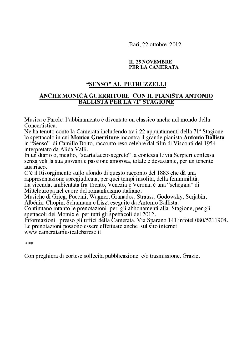 “SENSO” AL PETRUZZELLI. ANCHE MONICA GUERRITORE CON IL PIANISTA ANTONIO BALLISTA PER LA 71° STAGIONE