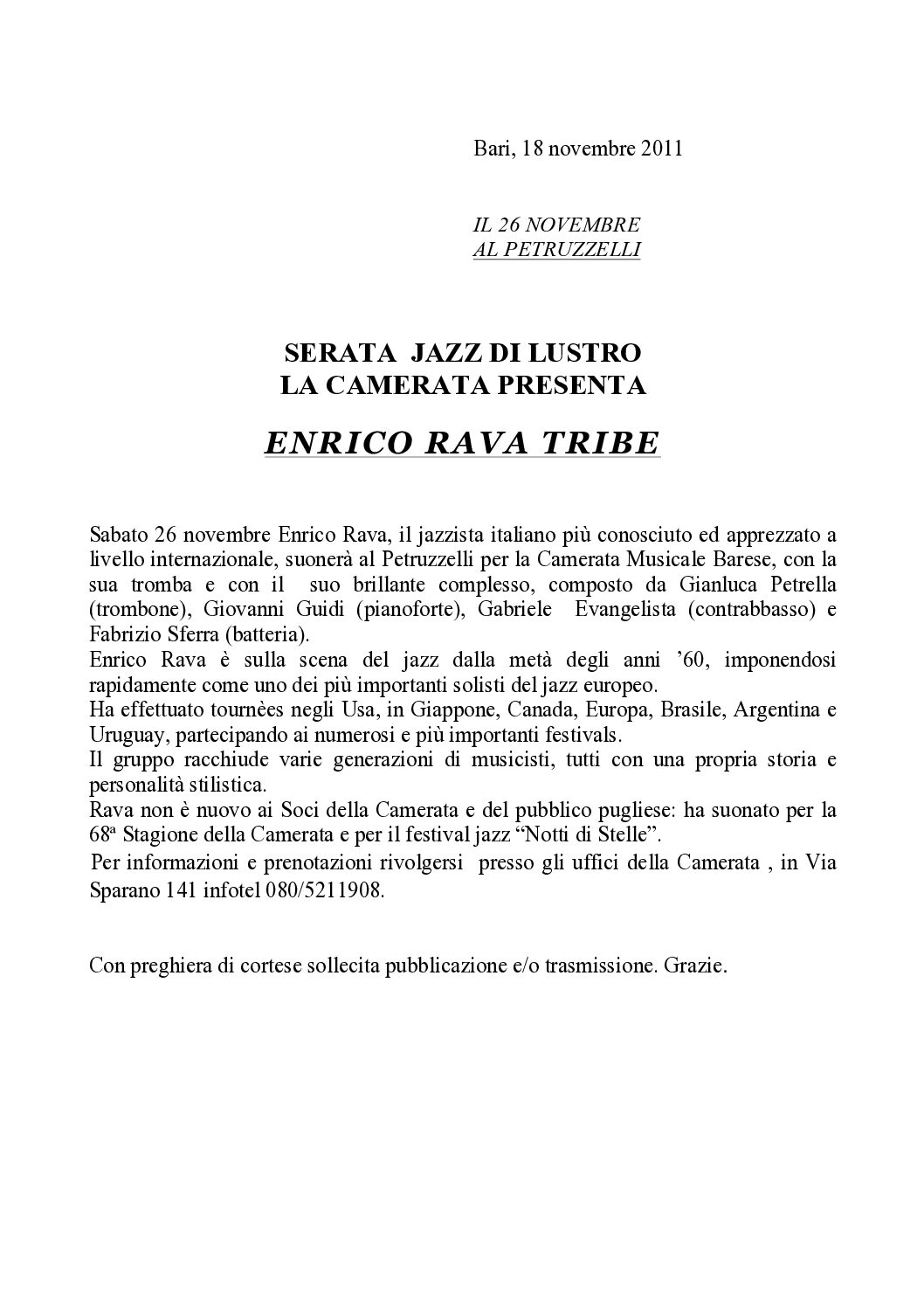 SERATA JAZZ DI LUSTRO LA CAMERATA PRESENTA ENRICO RAVA TRIBE
