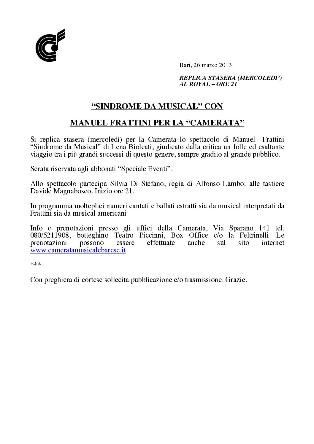 “SINDROME DA MUSICAL” CON MANUEL FRATTINI PER LA “CAMERATA”