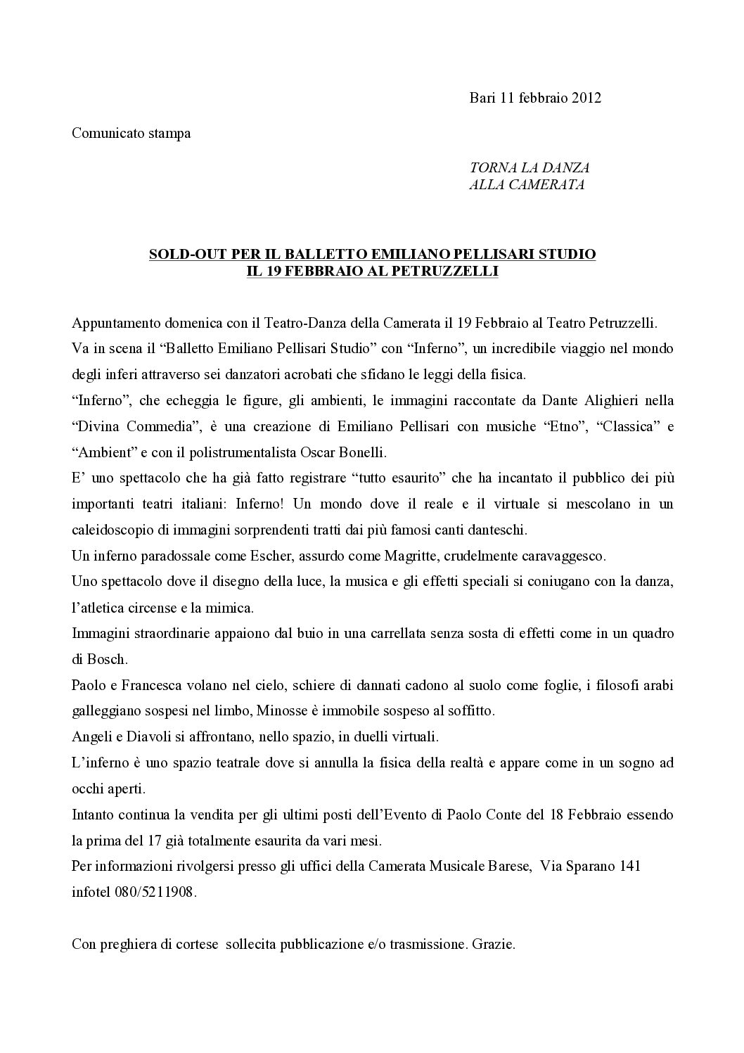 SOLD-OUT PER IL BALLETTO EMILIANO PELLISARI STUDIO IL 19 FEBBRAIO AL PETRUZZELLI