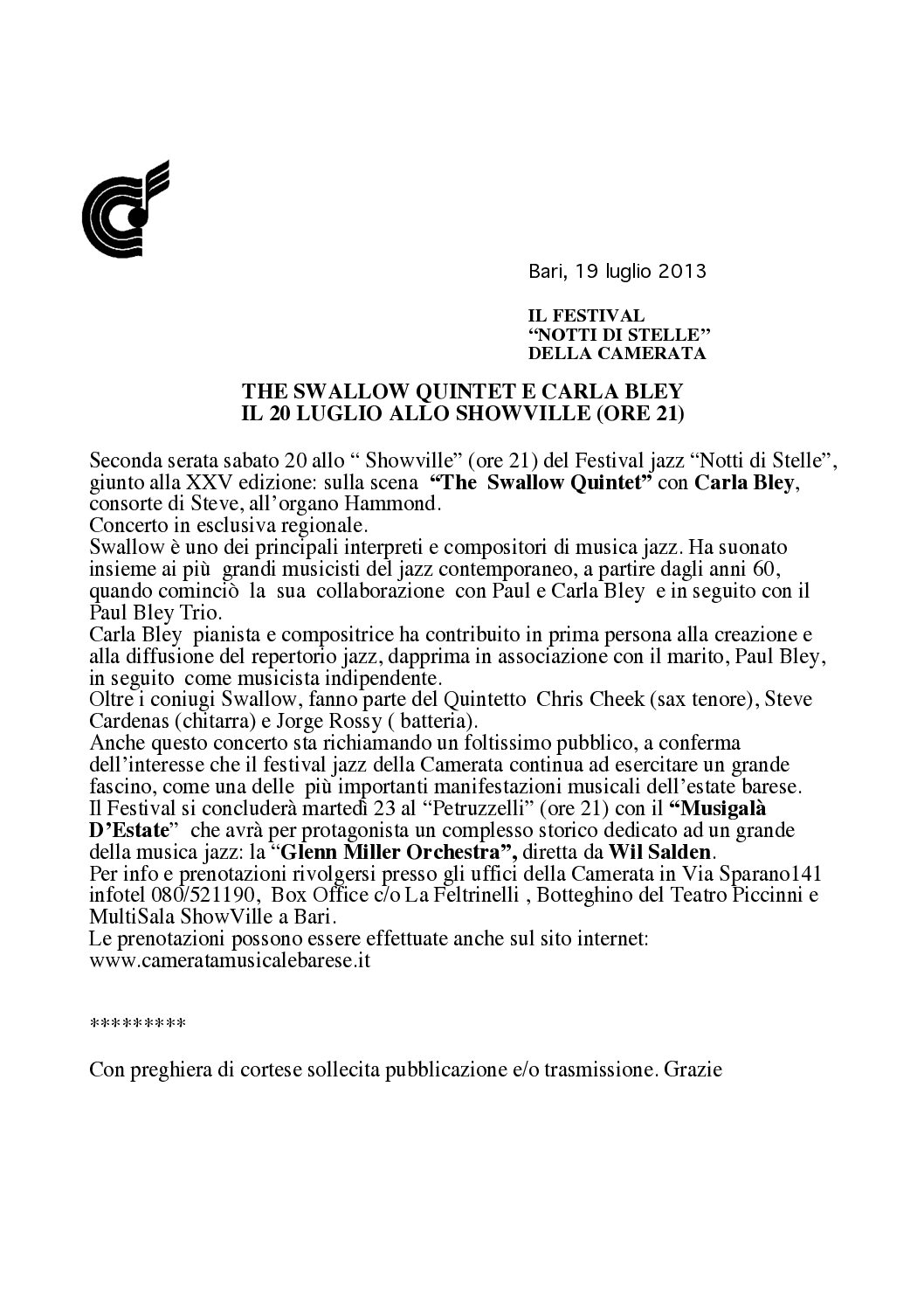THE SWALLOW QUINTET E CARLA BLEY IL 20 LUGLIO ALLO SHOWVILLE (ORE 21)