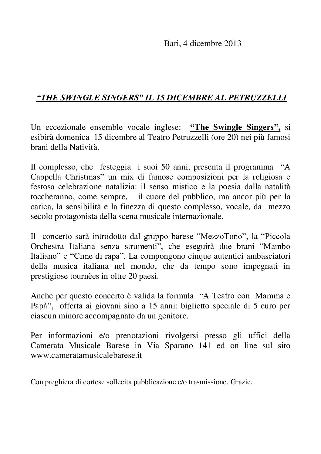 "THE SWINGLE SINGERS" IL 15 DICEMBRE AL PETRUZZELLI