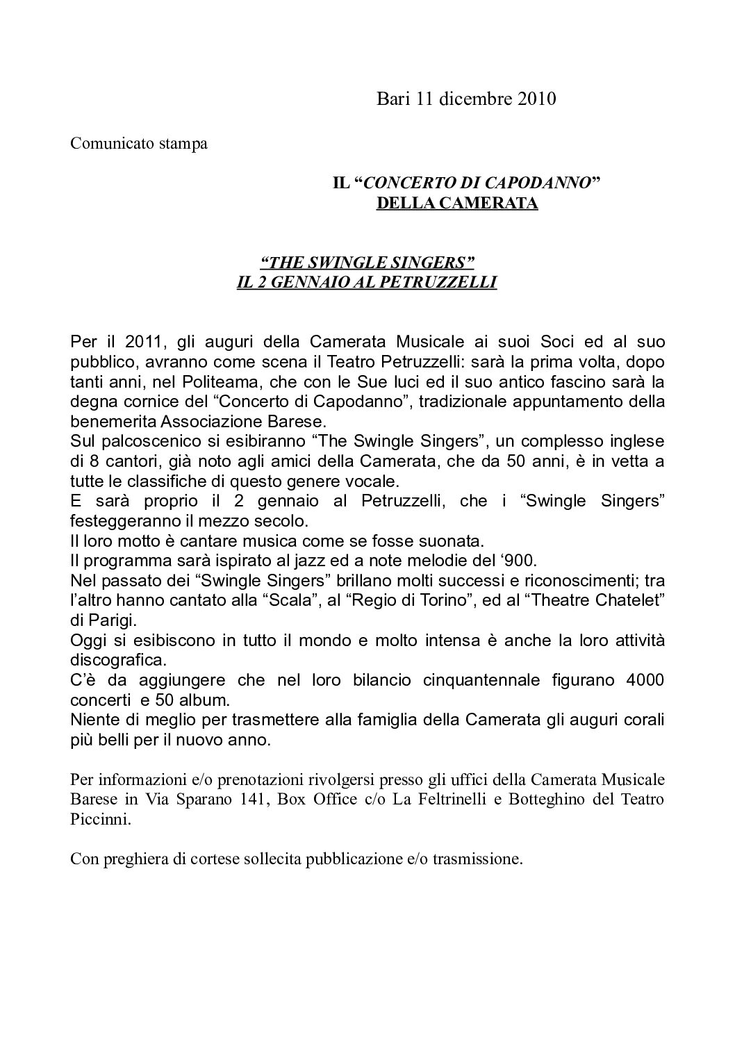 “THE SWINGLE SINGERS” IL 2 GENNAIO AL PETRUZZELLI