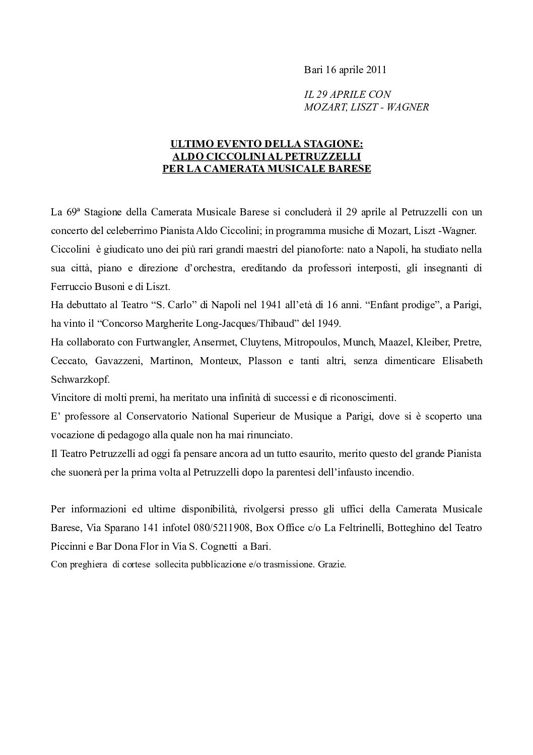 ULTIMO EVENTO DELLA STAGIONE: ALDO CICCOLINI AL PETRUZZELLI PER LA CAMERATA MUSICALE BARESE
