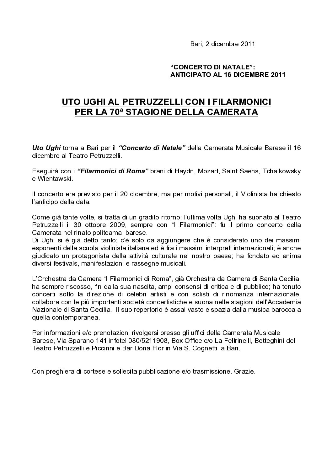 UTO UGHI AL PETRUZZELLI CON I FILARMONICI PER LA 70ª STAGIONE DELLA CAMERATA