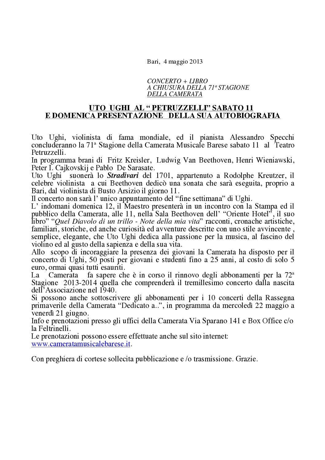 UTO UGHI AL “PETRUZZELLI” SABATO 11 E DOMENICA PRESENTAZIONE DELLA SUA AUTOBIOGRAFIA