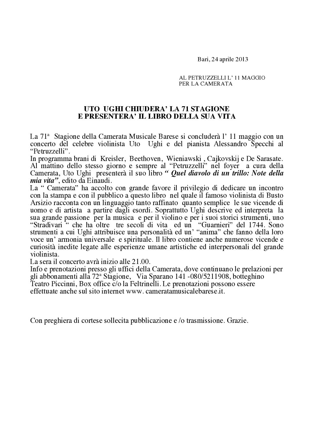 UTO UGHI CHIUDERA’ LA 71 STAGIONE E PRESENTERA’ IL LIBRO DELLA SUA VITA
