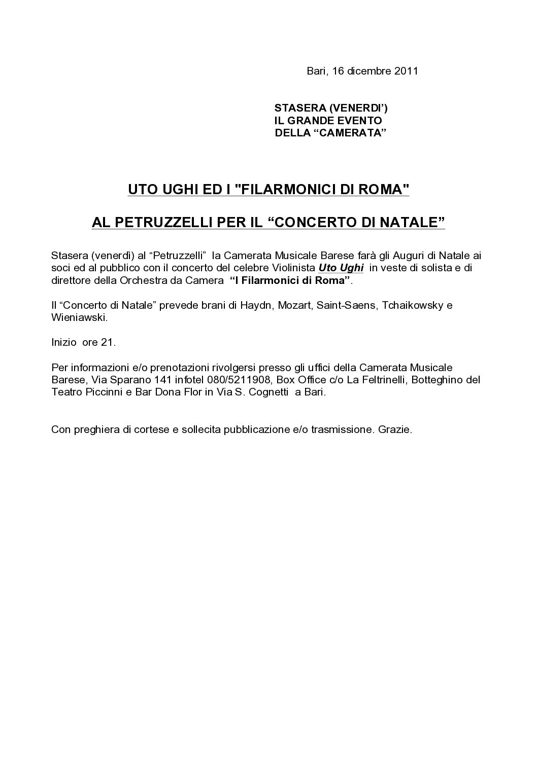 UTO UGHI ED I "FILARMONICI DI ROMA" AL PETRUZZELLI PER IL “CONCERTO DI NATALE”