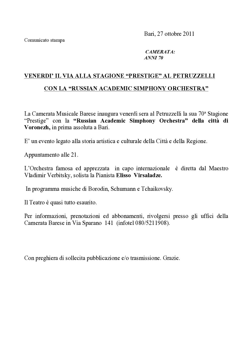 VENERDI’ IL VIA ALLA STAGIONE “PRESTIGE” AL PETRUZZELLI CON LA “RUSSIAN ACADEMIC SIMPHONY ORCHESTRA”